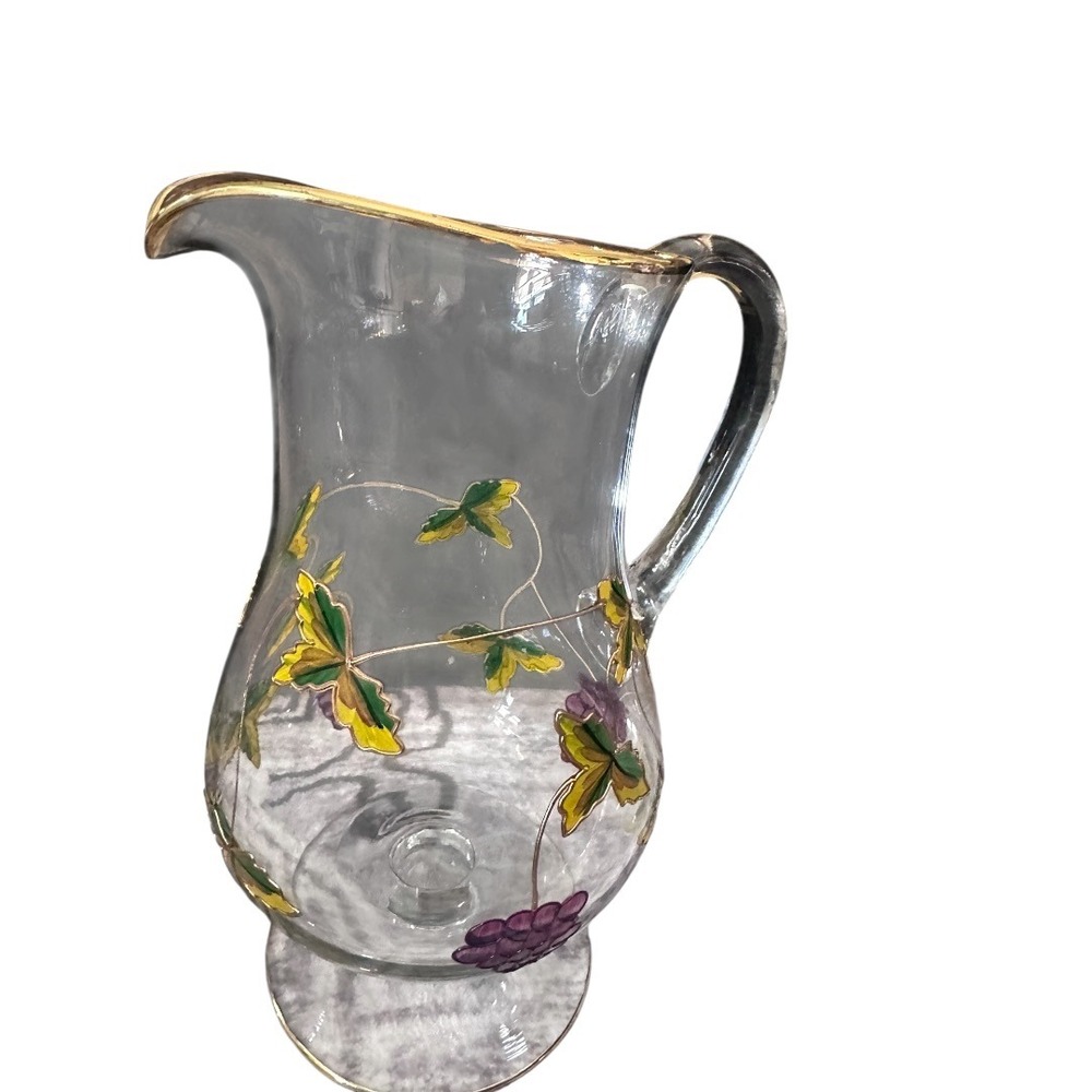 Hand Painted Grape Vine Glass Pitcher Gold Rim Footed Water Carafe 9.5‎ Inch